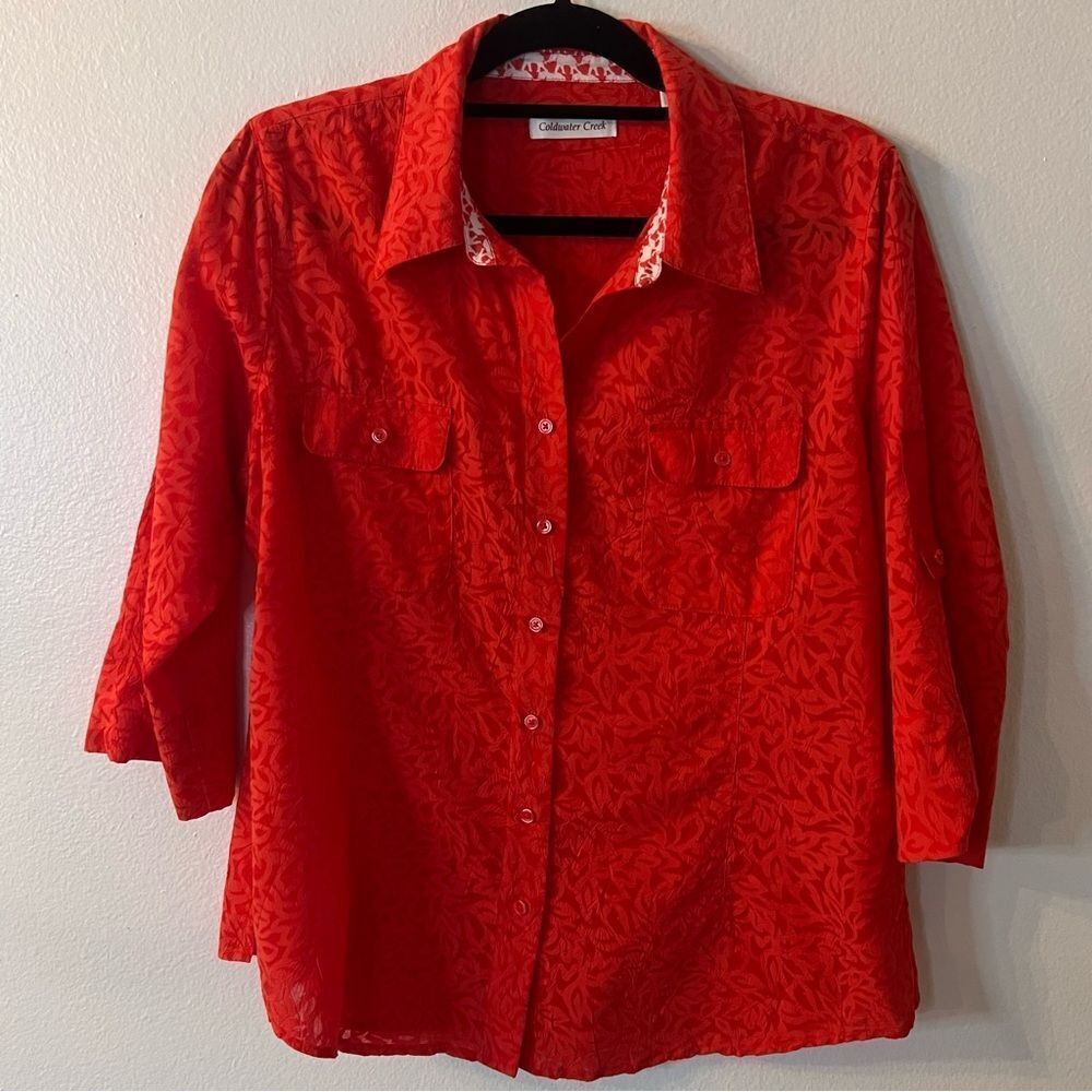 Coldwater Creek Blouse Bright Red/Orange Semi-Sheer Leaf Print Size Large 14-16